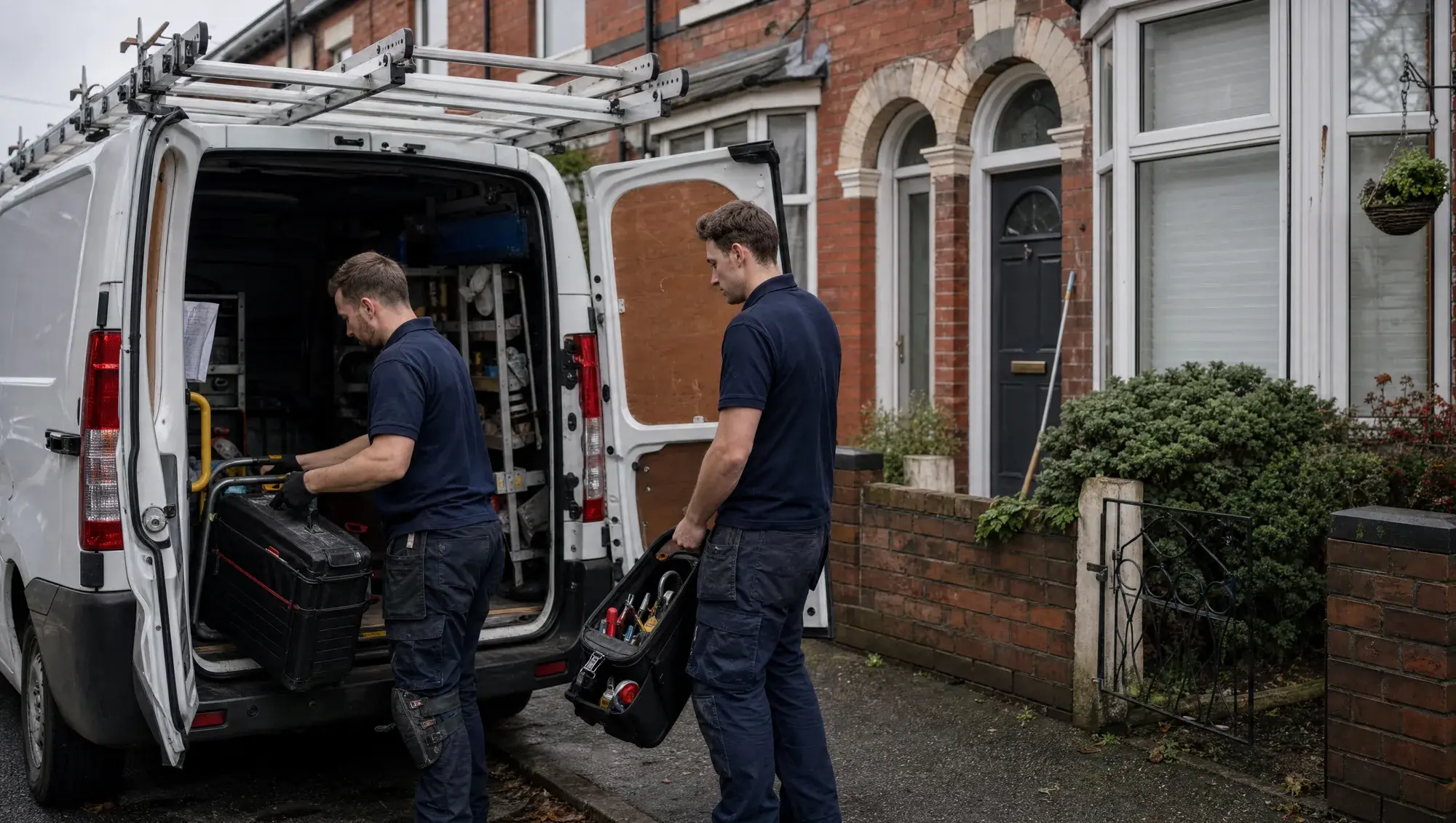 Whitworth electricians loading a van outside a Manchester terrace